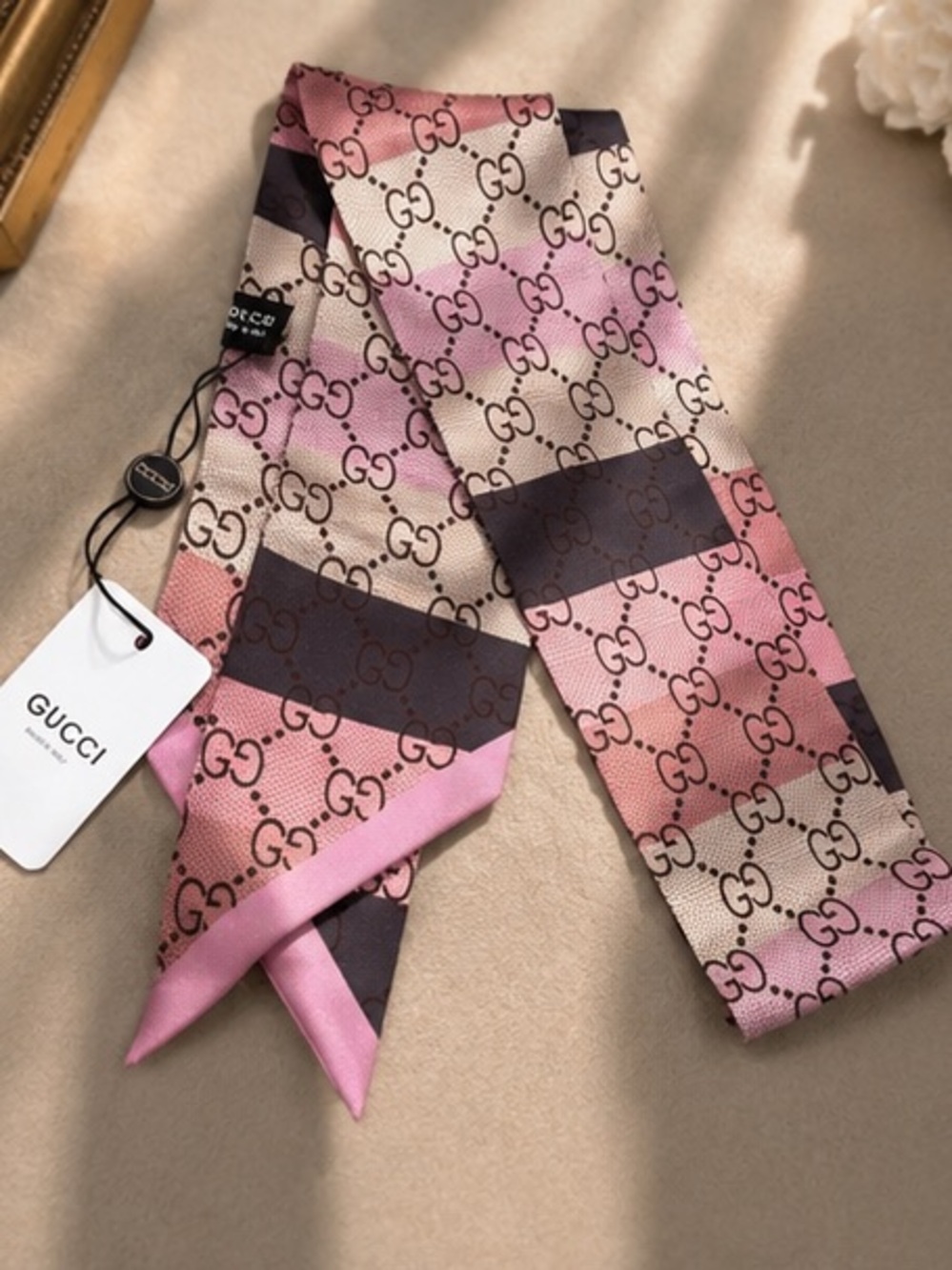 Pink Beige GG Monogram Twilly Scarf – Designer Inspired